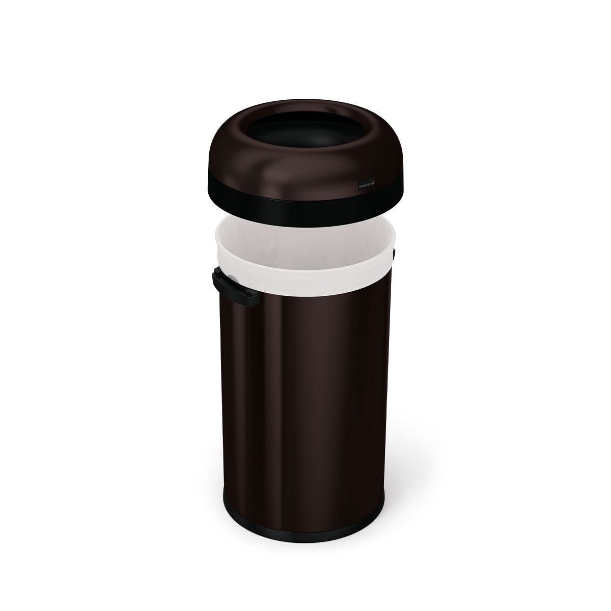 Detail view of Simplehuman 60L Bullet Open Can in Brushed Dark Bronze, showing the removable dome lid and liner.