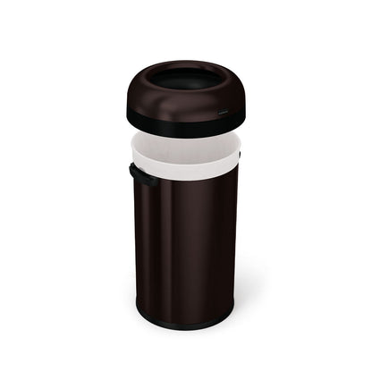 Detail view of Simplehuman 60L Bullet Open Can in Brushed Dark Bronze, showing the removable dome lid and liner.