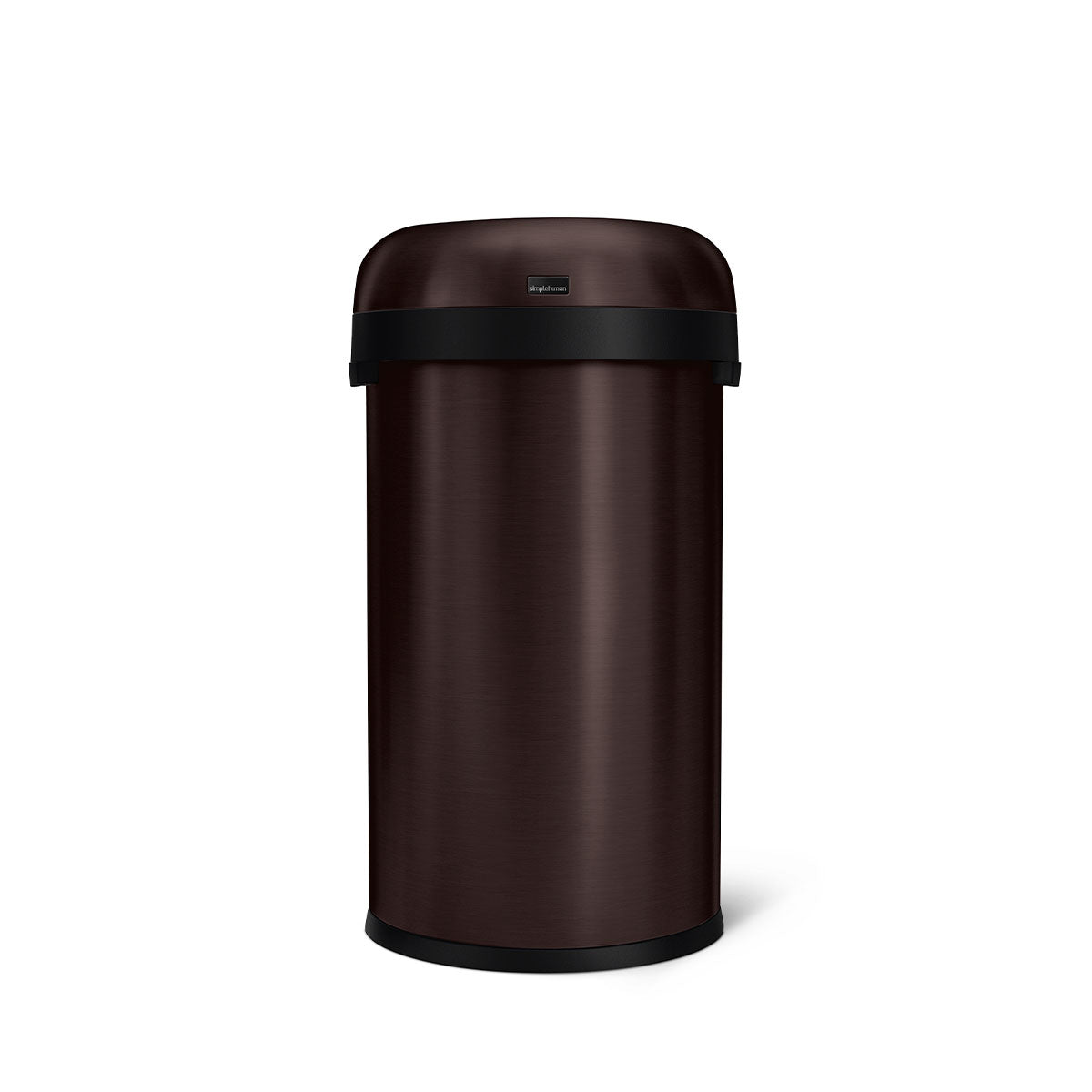 Simplehuman 60L Bullet Open Can in Brushed Dark Bronze, front view, high-capacity, open top for easy disposal.