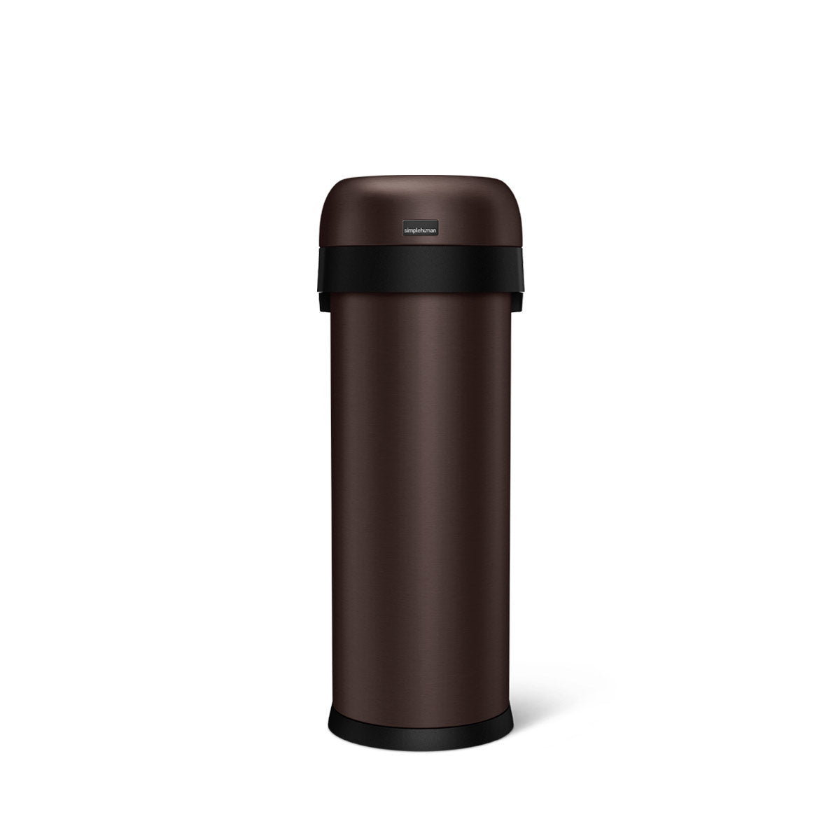 Front studio view of Simplehuman 50L Slim Open Can in Dark Bronze, high-capacity, slim profile for tight spaces.