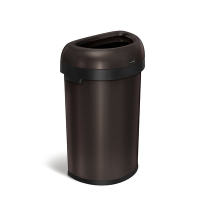 Angled view of Simplehuman 60L Semi-Round Open Can in Dark Bronze, open top for easy disposal.