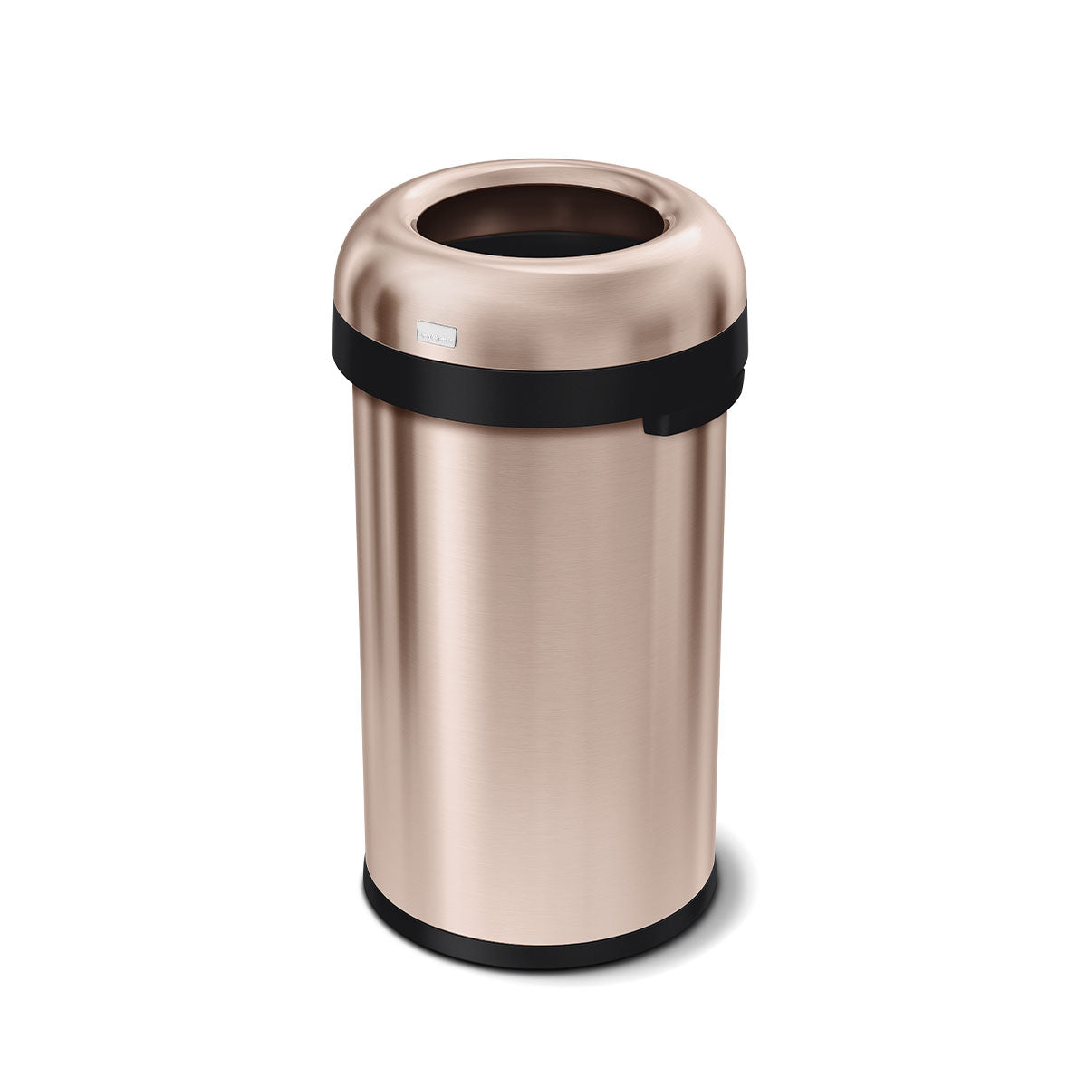 Angled view of Simplehuman 60L Bullet Open Can, Rose Gold finish, open top for high-traffic, quick disposal.
