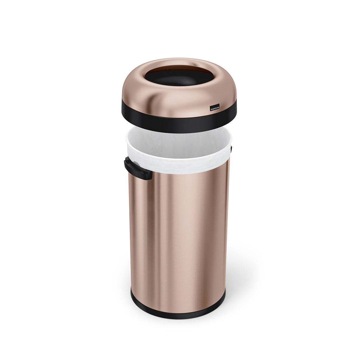 Detail view of Simplehuman 60L Bullet Open Can, Rose Gold, showing liner fit and removable dome top.