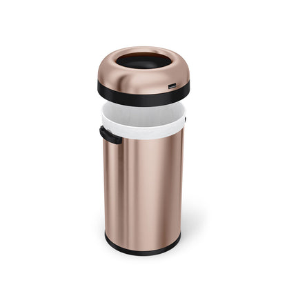 Detail view of Simplehuman 60L Bullet Open Can, Rose Gold, showing liner fit and removable dome top.