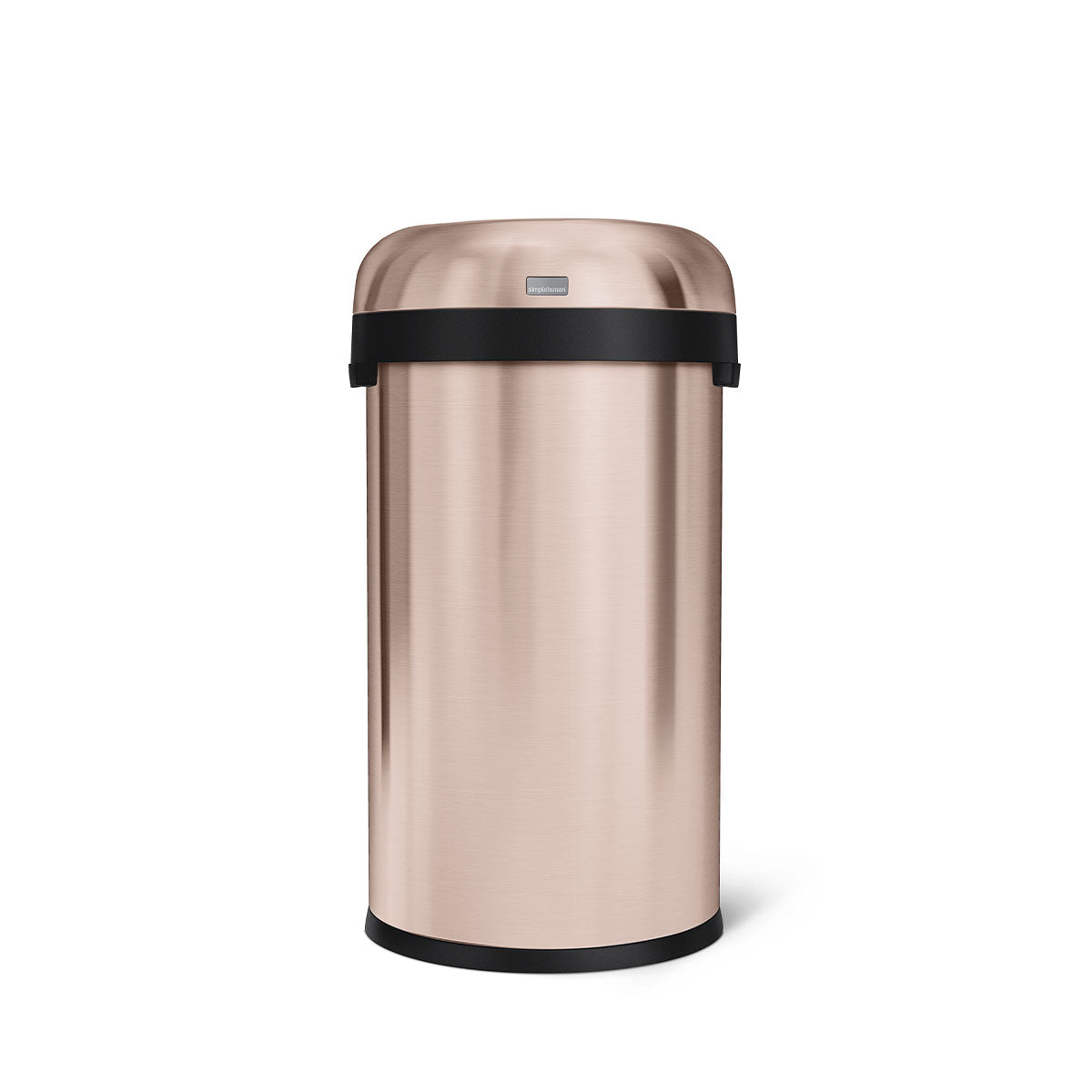 Front view of Simplehuman 60L Bullet Open Can, Rose Gold, high-capacity open top design.