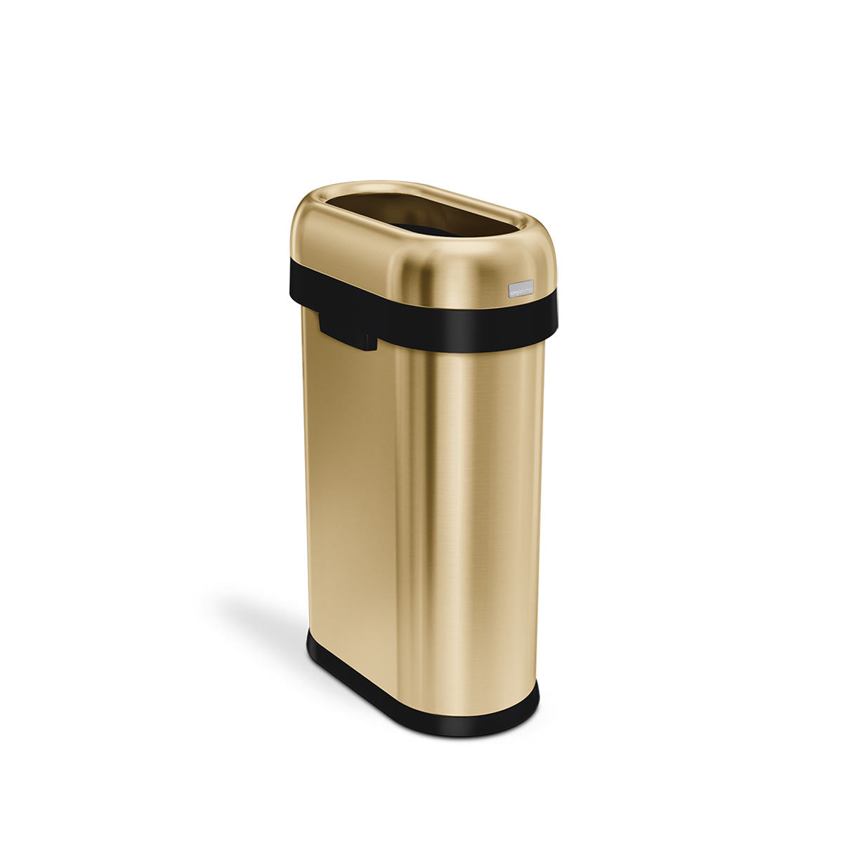 Angled view of Simplehuman 50L Slim Open Can, Rose Gold, quick disposal design with removable collar.