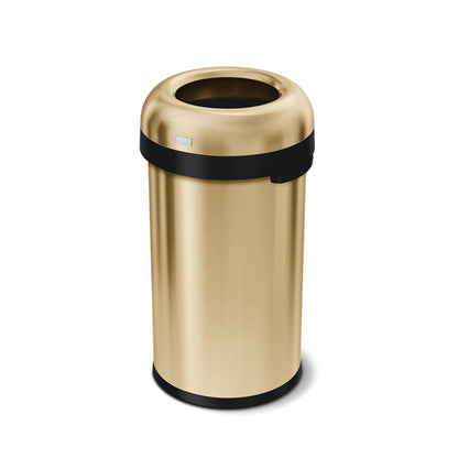 Simplehuman 60L Bullet Open Can in Brushed Brass finish, angled view, high-capacity, quick disposal.
