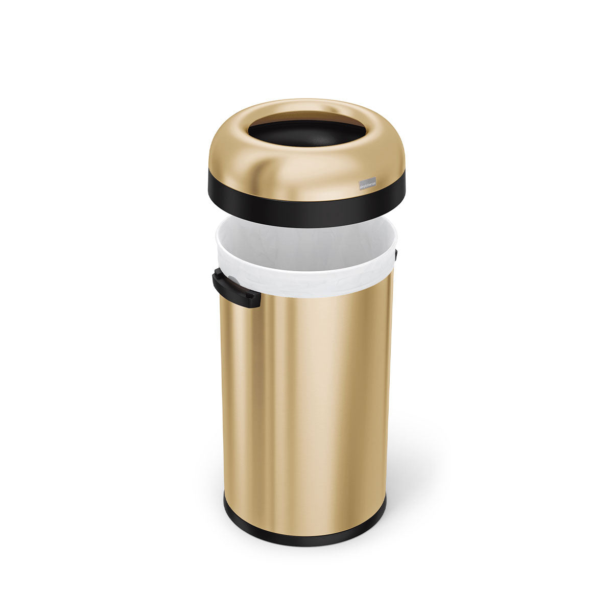 Detail view of Simplehuman 60L Bullet Open Can in Brass, showing the removable lid and liner bag secure mechanism.