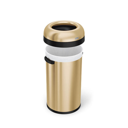 Detail view of Simplehuman 60L Bullet Open Can in Brass, showing the removable lid and liner bag secure mechanism.