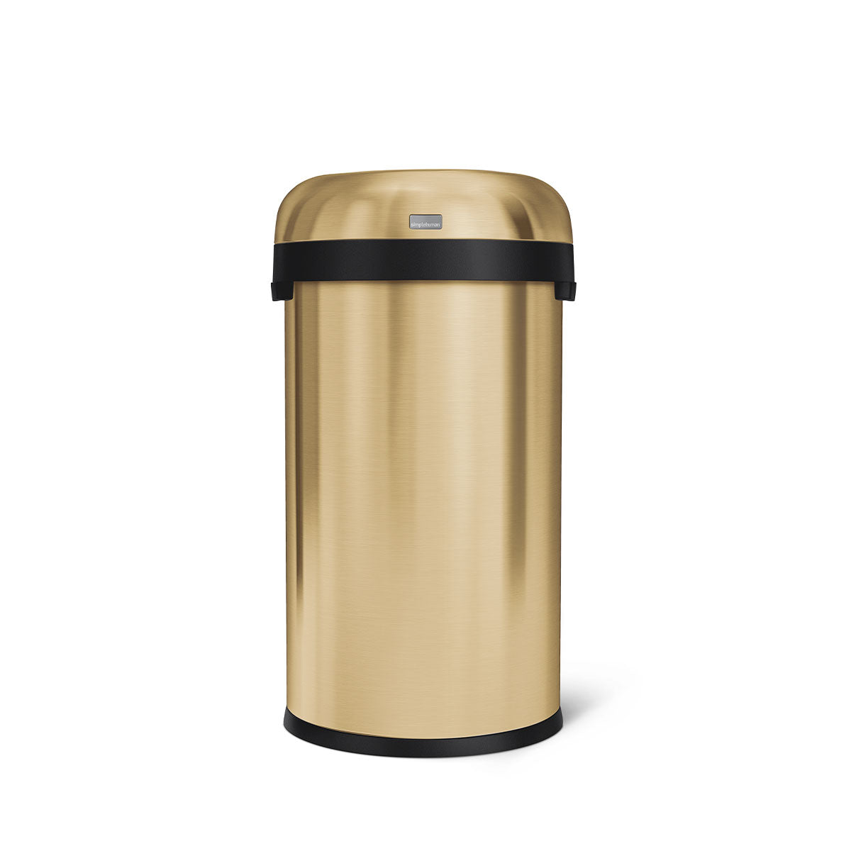 Simplehuman 60L Bullet Open Can in Brushed Brass, front view, open top for high-traffic areas.