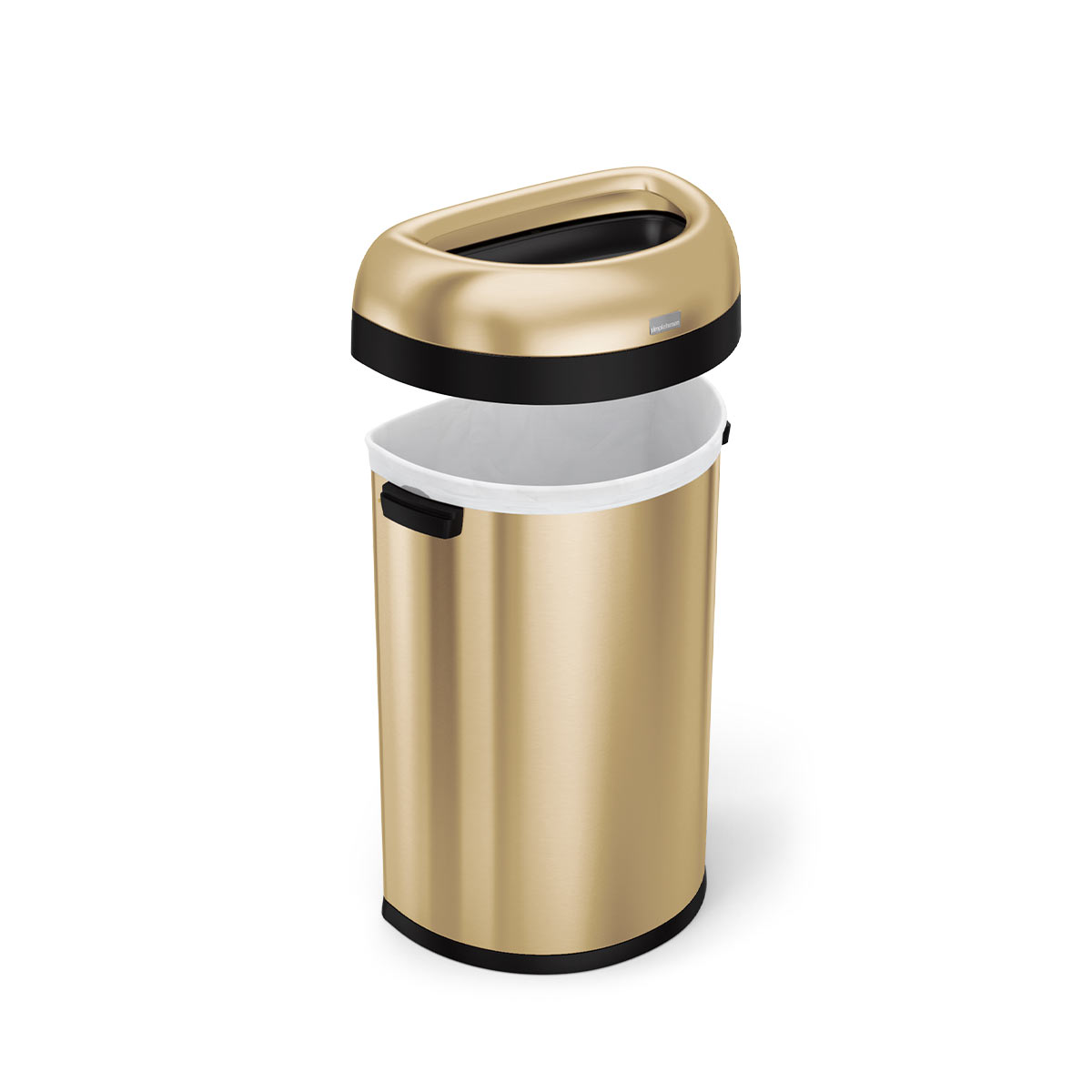 Detail view of Simplehuman 60L Open Can in Brushed Brass showing removed lid for easy liner change.