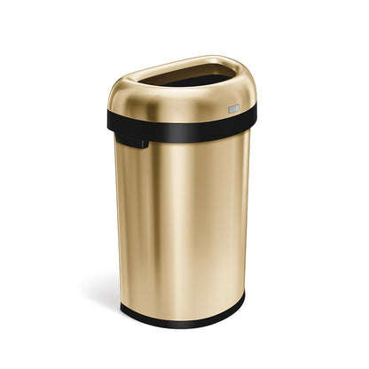 Simplehuman 60L Semi-Round Open Can in Brushed Brass finish, hands-free open top for easy disposal.