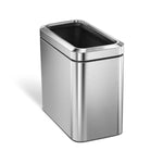 Angled view of Simplehuman 25L Slim Open Can in Brushed Stainless Steel, quick access space-saving design.