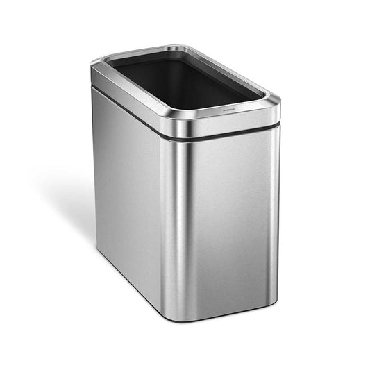 Angled view of Simplehuman 25L Slim Open Can in Brushed Stainless Steel, quick access space-saving design.