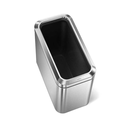 High-angle view of Simplehuman 25L Slim Open Can in Brushed Stainless Steel, quick-drop open design.
