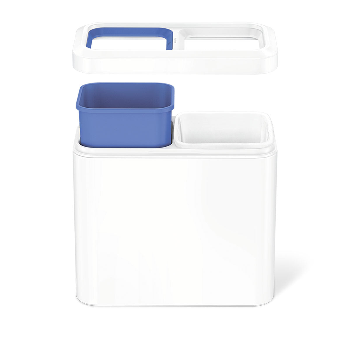Simplehuman White 20L Dual Can, exploded view showing removable blue recycling and white trash liners.