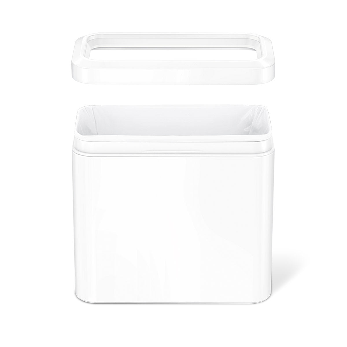 Detail view of Simplehuman 25L Slim Open Can in White, removable liner rim hides bag overhang.
