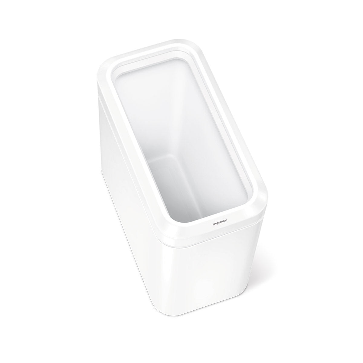 Interior view of Simplehuman 25L Slim Open Can in White, deep capacity and removable liner rim.