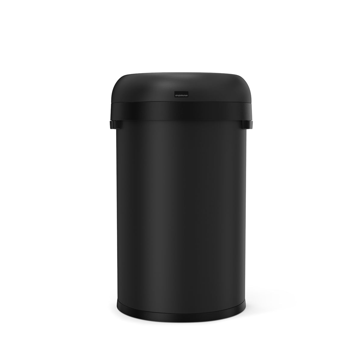 Front view of Simplehuman 60L Semi-Round Open Can in Matte Black, open top for easy access.
