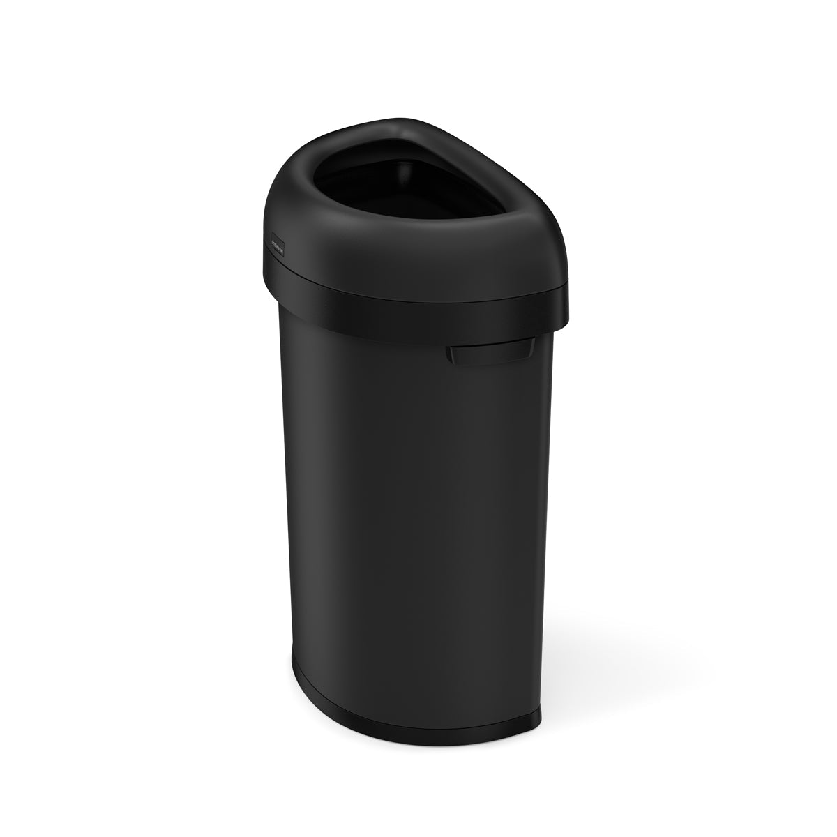 High-angle view of Simplehuman 60L Semi-Round Open Can in Matte Black, space-saving design with removable top.