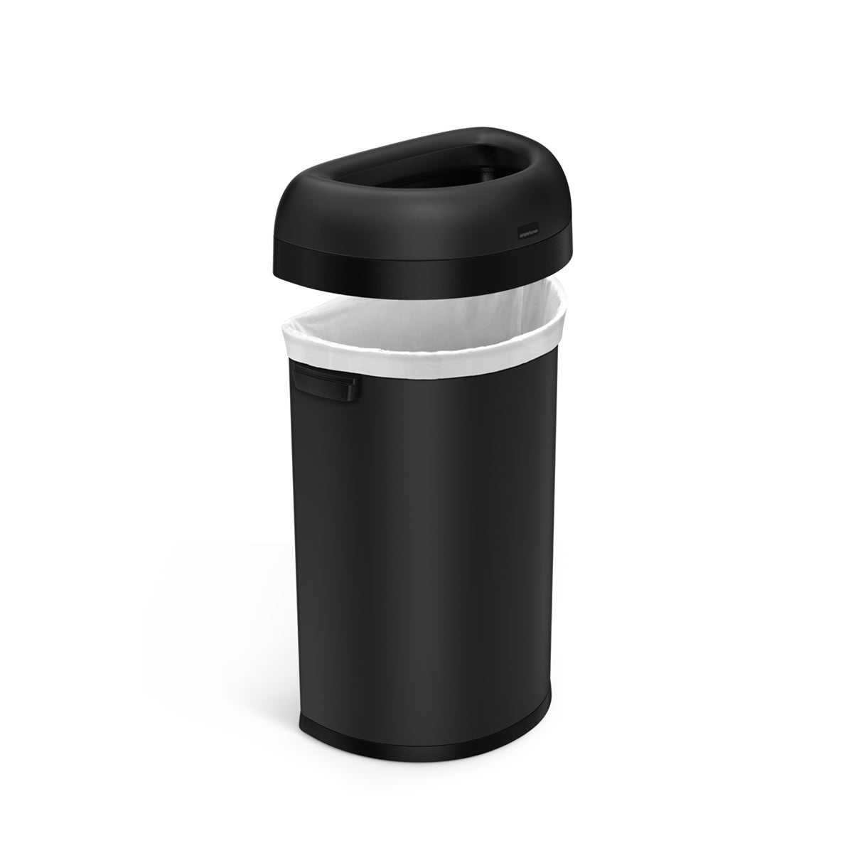 Simplehuman 60L Semi-Round Open Can in Matte Black, open view showing removable top for liner change.