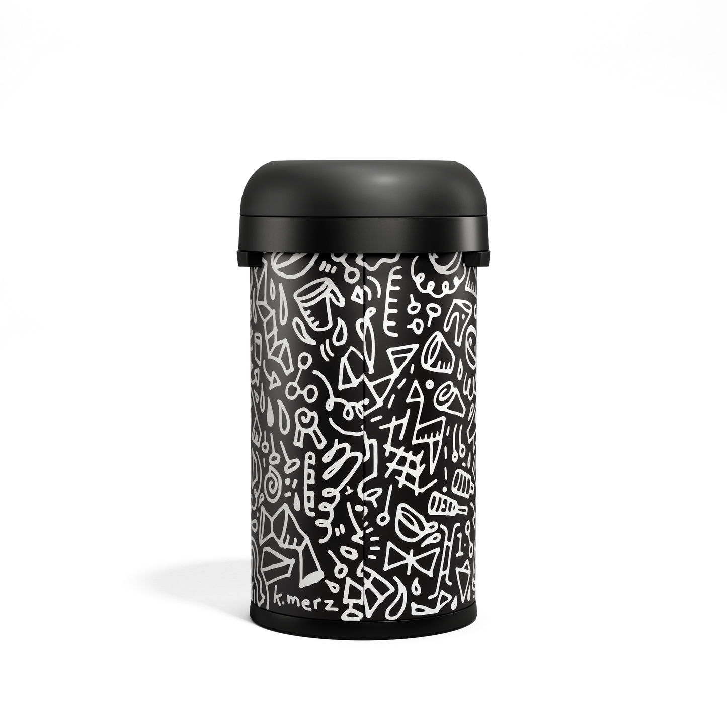 Centered front view of Simplehuman 60L Bullet Open Can, Black Doodle graphic by k.merz, high-traffic open top.