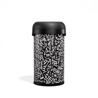 Centered front view of Simplehuman 60L Bullet Open Can, Black Doodle graphic by k.merz, high-traffic open top.