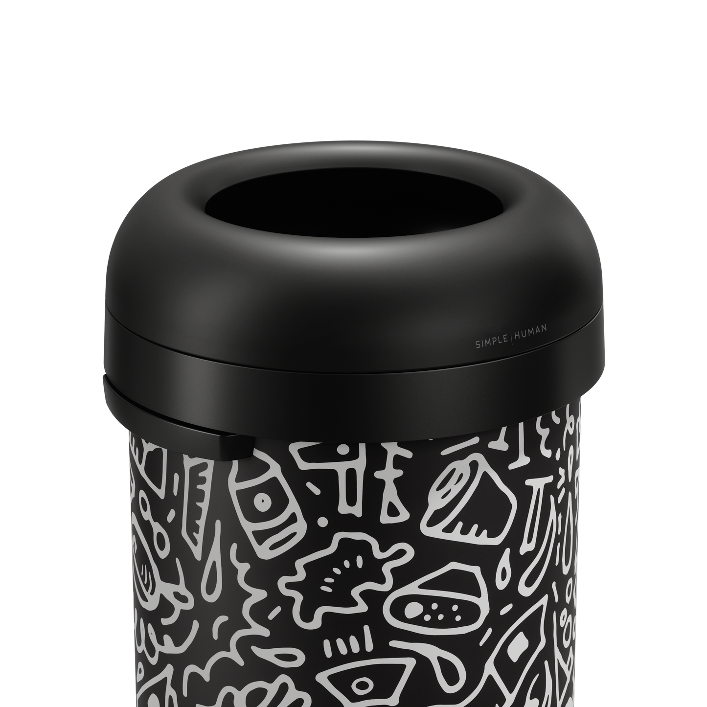 Detail view of Simplehuman 60L Bullet Open Can (Black Doodle graphic) showing the removable matte black dome lid.