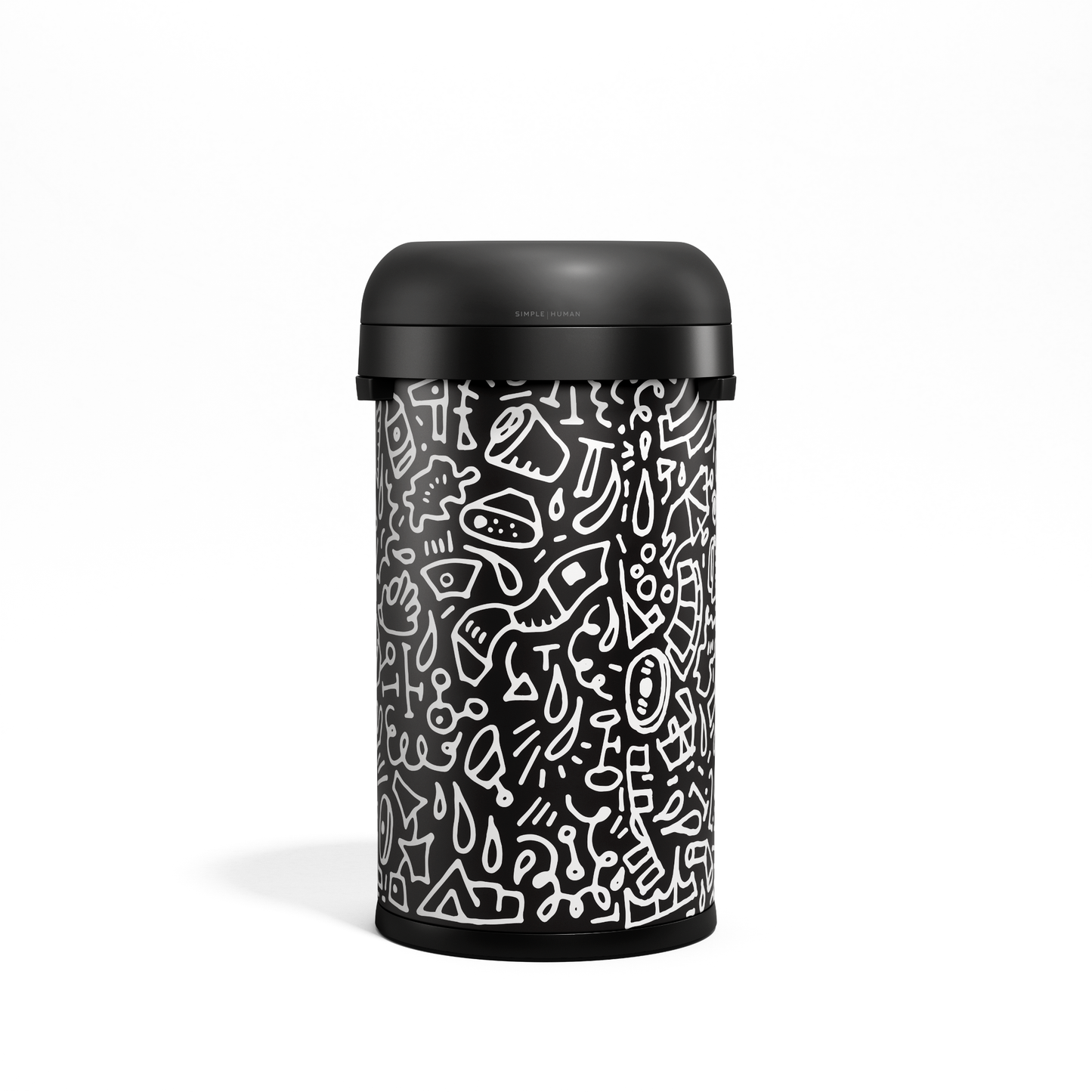 Simplehuman 60L Bullet Open Can, Black with custom Doodle graphic, open top design.