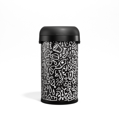 Simplehuman 60L Bullet Open Can, Black with custom Doodle graphic, open top design.