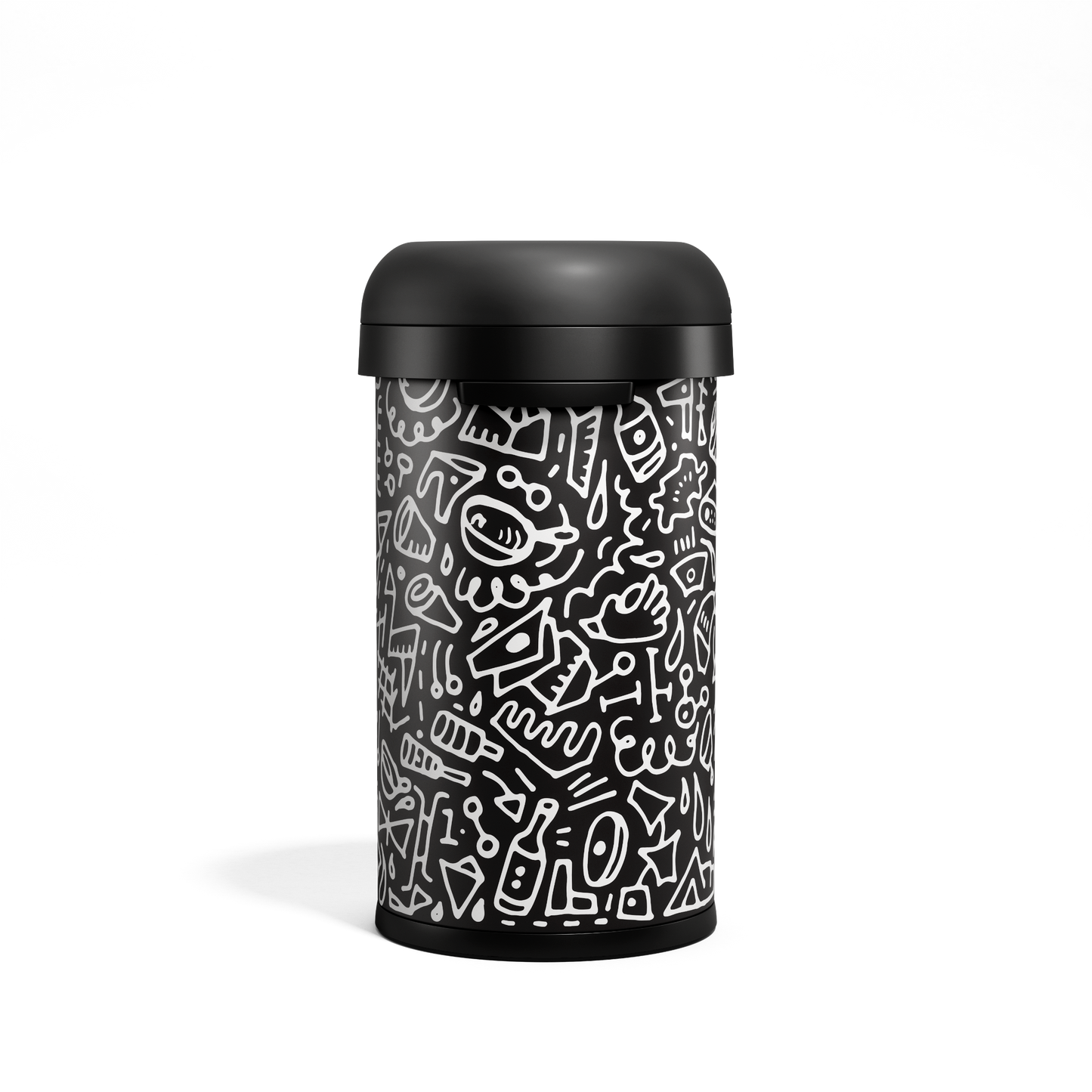 Simplehuman 60L Bullet Open Can, Black Doodle graphic by k.merz, high capacity with removable matte black dome lid.
