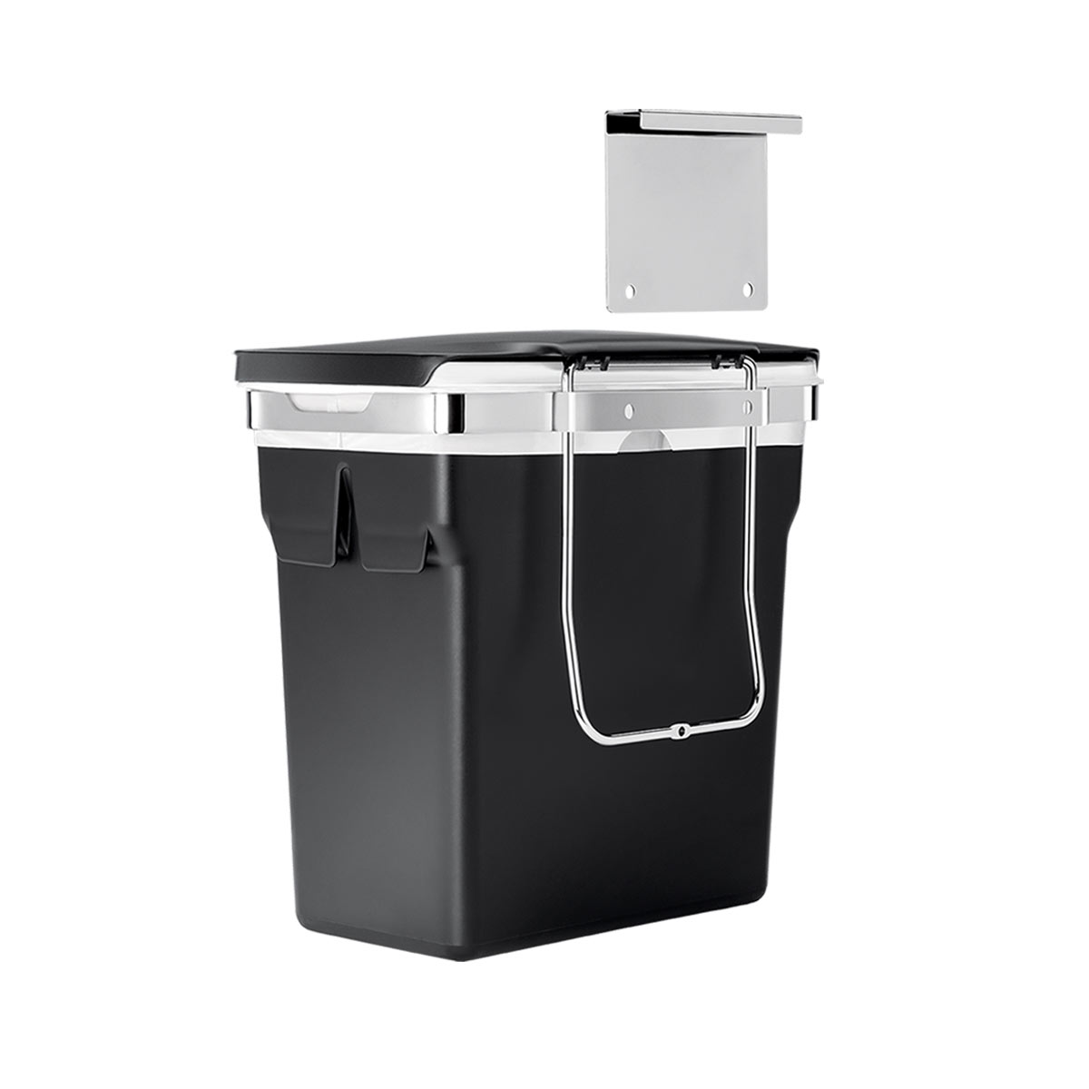 Front view Simplehuman 10L In-Cabinet Can in Matte Black, space-saving design with polished stainless steel mounting hardware.