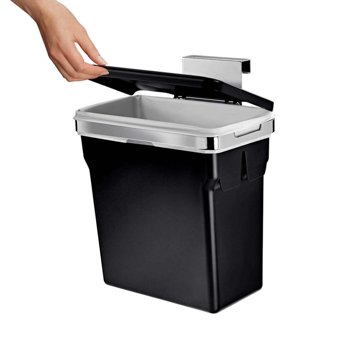 Simplehuman 10L Door Mounted Can, Matte Black plastic, hand opening the lid, polished stainless steel rim.