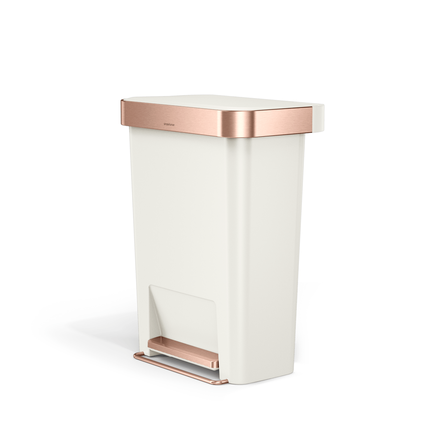 Front angled view of Simplehuman 45L Hybrid Step Can, Cream/Rose Gold, hands-free operation.
