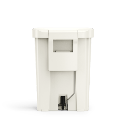 Back detail view of Simplehuman 45L Hybrid Step Can, Cream, showing integrated handle and pedal linkage.