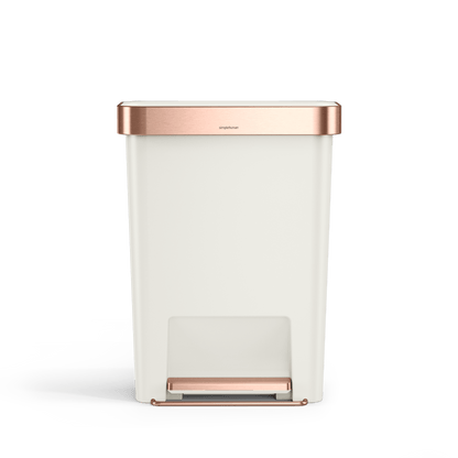 Simplehuman 45L Hybrid Rectangular Step Can, Cream body with Rose Gold trim, hands-free operation.