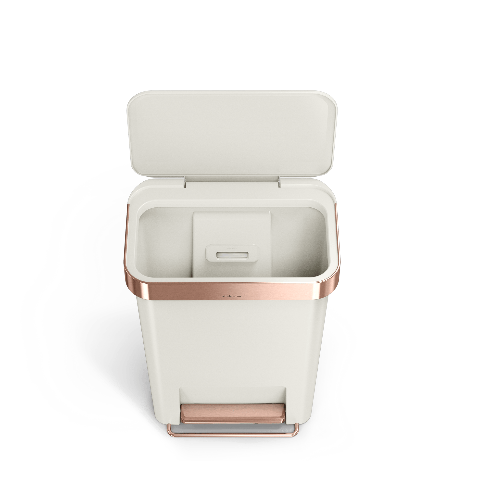 Open view of Simplehuman 45L Hybrid Rectangular Step Can, Cream/Rose Gold, showing internal liner pocket.