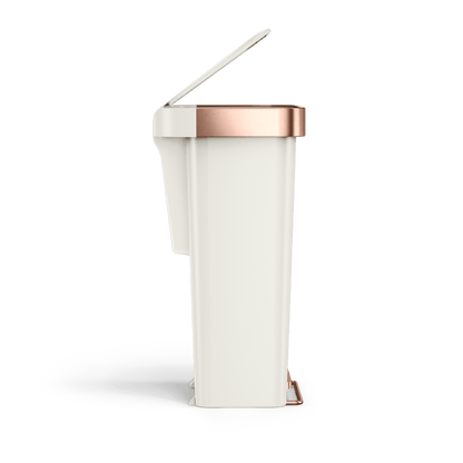 Side view of Simplehuman 45L Hybrid Step Can, Cream/Rose Gold. Partially open split lid shows slim profile.
