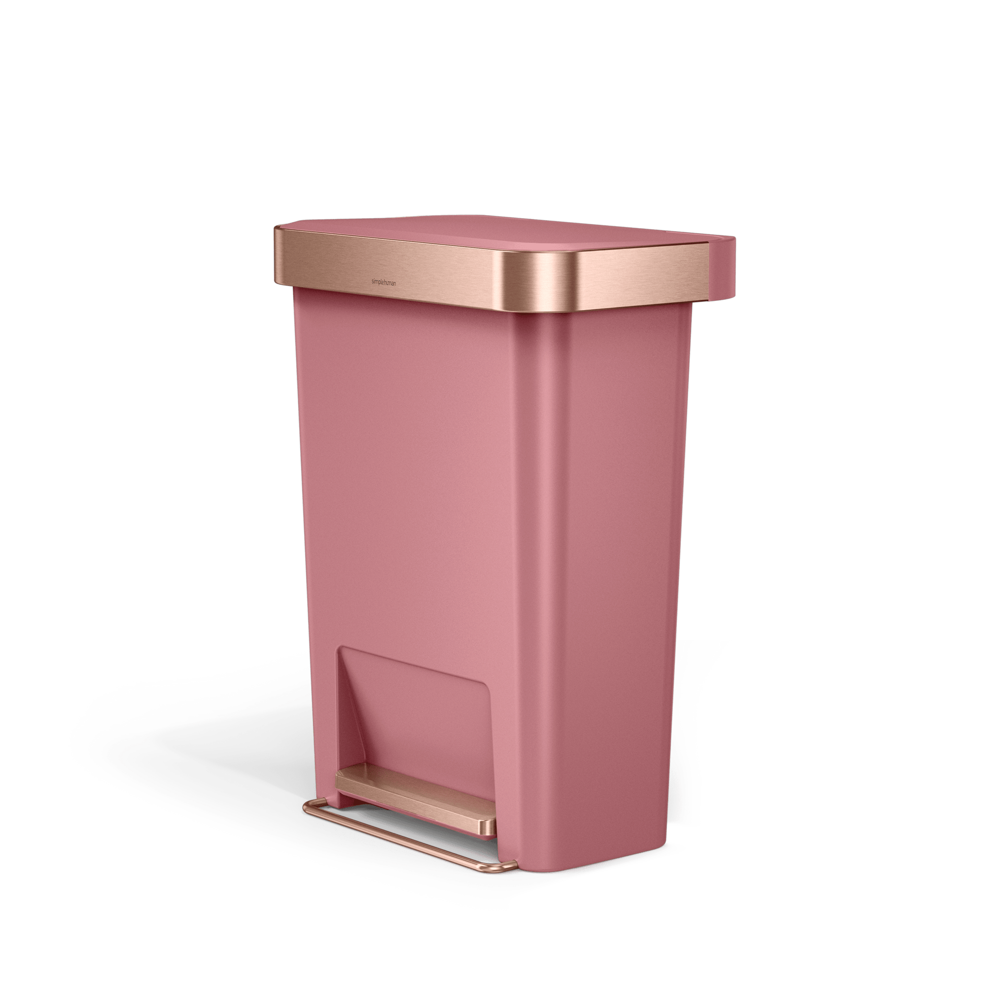 High-angled view of Simplehuman 45L Hybrid Step Can, Dusty Rose/Rose Gold, hands-free pedal operation.