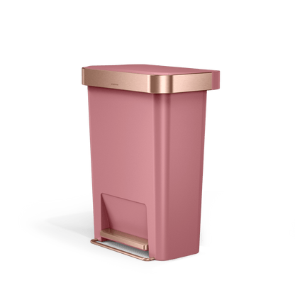High-angled view of Simplehuman 45L Hybrid Step Can, Dusty Rose/Rose Gold, hands-free pedal operation.