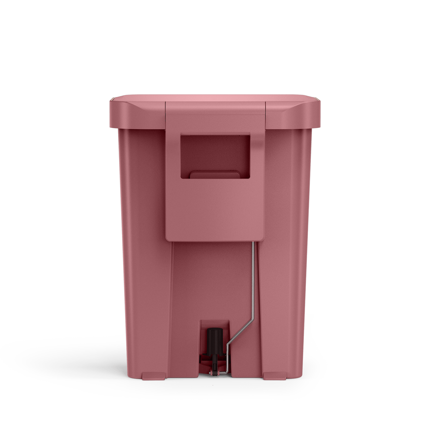 Back view of Simplehuman 45L Hybrid Rectangular Step Can in Dusty Rose, showing integrated carry handle.