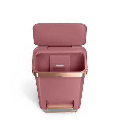 Simplehuman 45L Hybrid Step Can, Dusty Rose with Rose Gold, open view showing liner rim and bag dispenser.
