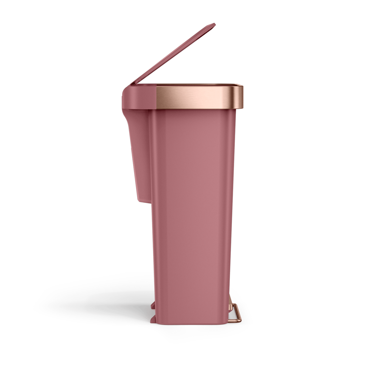 Side view of Simplehuman 45L Hybrid Step Can, Dusty Rose with Rose Gold accents, hands-free foot pedal.