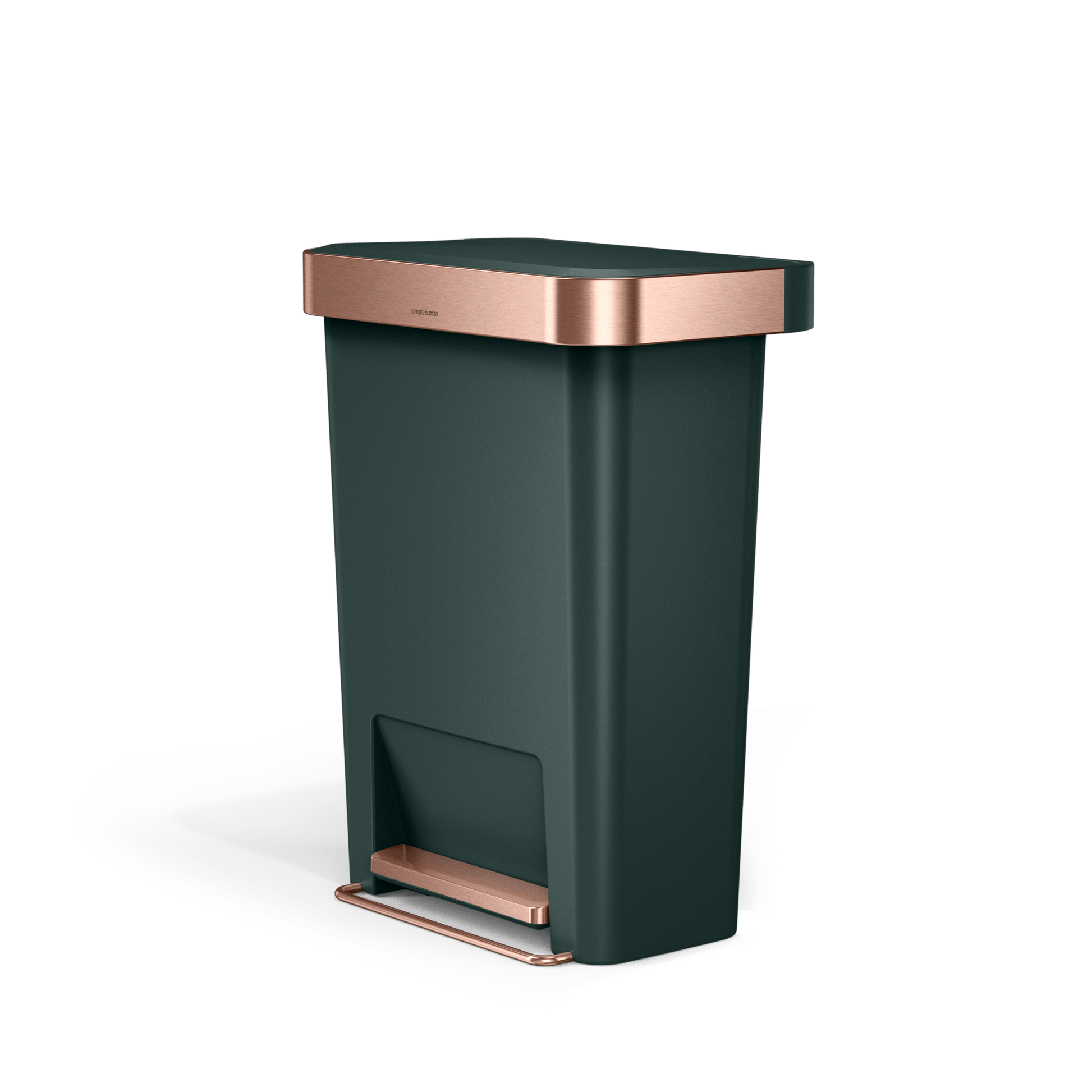 Angled view of Simplehuman 45L Hybrid Step Can, Dark Green with Rose Gold accents, hands-free pedal.