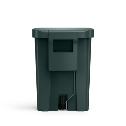 Back view of Simplehuman 45L Hybrid Rectangular Step Can, Dark Green, showing integrated handle and pedal mechanism.