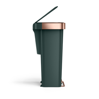 Side view of Simplehuman 45L Hybrid Step Can, Dark Green with Rose Gold, lid partially open.