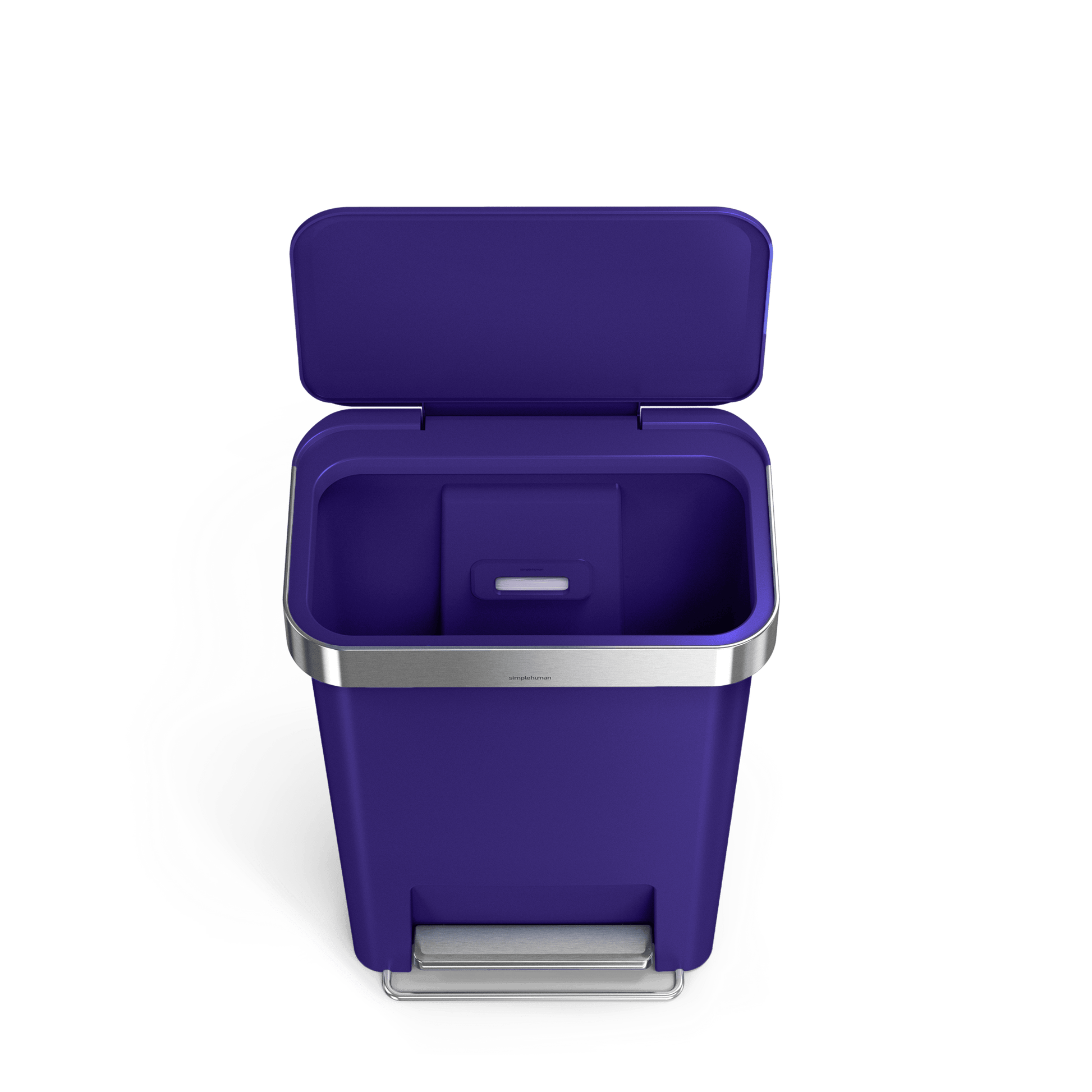 Open view of Simplehuman 45L Hybrid Step Can, Ultra Violet, showing internal liner dispenser and Brushed Stainless Steel rim.
