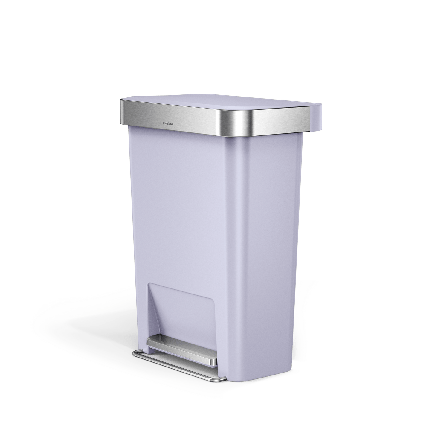 Angled product view of Simplehuman 45L Hybrid Step Can, Ultra Violet body, Brushed Steel hands-free pedal.