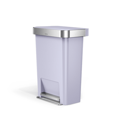 Angled product view of Simplehuman 45L Hybrid Step Can, Ultra Violet body, Brushed Steel hands-free pedal.