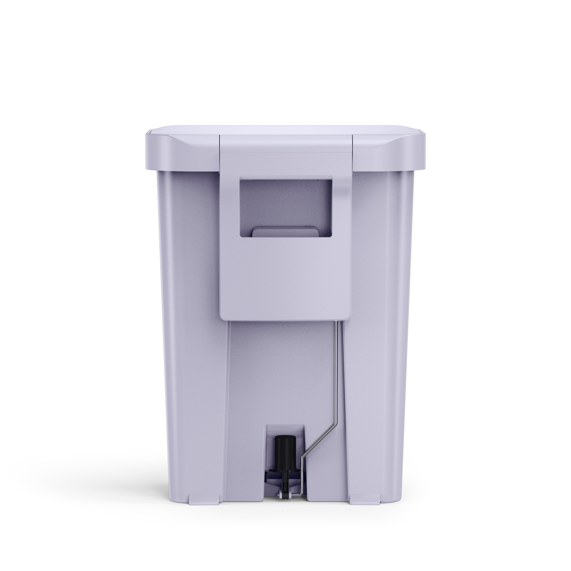 Detail view of Simplehuman 45L Hybrid Step Can in Ultra Violet, showing integrated carry handle and pedal linkage.